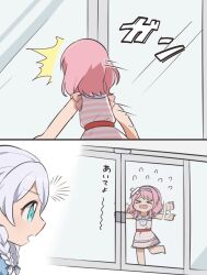 &gt;_&lt; 2girls 2koma bang_dream! barefoot bd_ayknn blue_eyes flying_sweatdrops hairband maruyama_aya pink_hair sleeveless sleeveless_dress translation_request twin_braids wakamiya_eve white_hair white_hairband