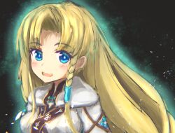  1girl black_background blonde_hair blony_(mabinogi) blue_eyes breasts green_light mabinogi medium_breasts ratih robe simple_background smile 