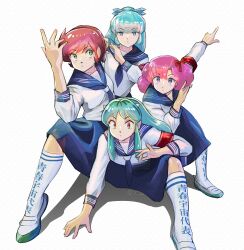  4girls arm_up armband artist_name atarashii_gakkou_no_leaders benten_(urusei_yatsura) blue_hair blue_neckerchief blue_sailor_collar blue_skirt bow closed_mouth clothes_writing commentary cone_horns dot_mouth full_body green_eyes green_hair hair_bow hand_up highres horns kneehighs leaning_to_the_side long_hair looking_at_viewer looking_to_the_side lum miz_mus multiple_girls neckerchief oni orange_eyes oyuki_(urusei_yatsura) parody pink_hair pointy_ears ponytail purple_hair ran_(urusei_yatsura) red_armband red_bow red_hair sailor_collar school_uniform serafuku shadow shoes short_hair sidelocks sideways_glance simple_background skirt socks standing translated twitter_username urusei_yatsura uwabaki white_background white_shoes white_socks 
