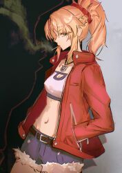  1girl absurdres among_us_eyes_(meme) bandeau belt blonde_hair breasts cowboy_shot denim denim_shorts fate/apocrypha fate_(series) from_side hands_in_pockets highres jacket jewelry long_hair long_sleeves looking_at_viewer meme midriff mordred_(fate) mordred_(fate/apocrypha) mordred_(memories_at_trifas)_(fate) navel open_clothes open_jacket peemy pendant ponytail red_jacket red_scrunchie scrunchie short_shorts shorts small_breasts smoking solo standing 