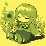  1girl abstract_background balloon bangs braid checkered chibi closed_eyes commentary_request dithering hair_tie holding holding_knife kneehighs knife lowres madotsuki monochrome pixel_art print_sweater regurusu_(nagarevosi) sitting skirt solo sweater twin_braids twintails yellow_background yellow_theme yume_nikki 