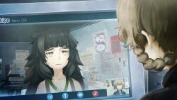  2girls amane_suzuha amane_suzuha_(beta) asymmetrical_footwear bags_under_eyes black_jacket blue_jacket blue_track_suit blunt_bangs braid breasts brown_hair clothing_request collar collarbone crocs cropped_jacket dress drooling flat_chest frown game_cg green_collar green_dress green_eyes green_hair green_trim grey_dress grey_jacket hair_rings head_tilt high_collar highres hiyajou_maho huke jacket jacket_over_dress jacket_over_jacket leather leather_jacket long_hair long_sleeves medium_breasts messy_hair mismatched_footwear multiple_girls nervous_sweating official_art open_mouth pink_sandals ringed_eyes sandals screen_light shirt skype sleepy smile standing steins;gate steins;gate_0 surprised sweat thick_eyebrows tongue track_jacket track_suit twin_braids twintails very_long_hair video_call yellow_eyes 