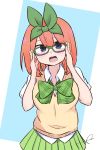  1girl :d bangs bespectacled blue_background blue_eyes blush bow breasts collared_shirt commentary_request eyebrows_behind_hair glasses go-toubun_no_hanayome green-framed_eyewear green_bow green_ribbon green_skirt hair_between_eyes hair_ribbon hands_up highres kujou_karasuma medium_breasts nakano_yotsuba open_mouth orange_hair pleated_skirt ribbon shirt short_sleeves signature skirt smile solo sweater_vest two-tone_background upper_teeth white_background white_shirt 