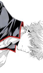  1boy closed_mouth collarbone gintama greyscale hair_between_eyes highres jacket looking_at_viewer male_focus messy_hair monochrome portrait sakata_gintoki short_hair sideways smile solo spot_color white_background yubi_nui21 