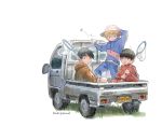  3boys ahoge bangs black_eyes black_hair blonde_hair blue_eyes blue_hair blue_hoodie blue_pants blunt_bangs bug butterfly_net character_request child english_commentary grass ground_vehicle hand_net hat helenpeanut highres holding_butterfly_net hood hood_down hoodie insect jacket kageyama_shigeo license_plate long_sleeves looking_at_another looking_at_viewer male_focus mob_psycho_100 motor_vehicle multiple_boys orange_hoodie pants red_jacket red_pants reigen_arataka short_hair signature simple_background sitting smile striped striped_jacket striped_pants symbol_commentary track_suit vertical_stripes very_short_hair white_background younger 