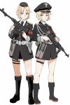  2girls armband belt black_footwear black_headwear black_neckwear blonde_hair boots breast_pocket breasts closed_mouth dual_persona full_body garrison_cap girls_frontline gun hat highres holding holding_gun holding_weapon long_sleeves military military_uniform mp40_(girls_frontline) multiple_girls necktie peaked_cap perfect_han pocket pouch red_eyes short_hair simple_background smile standing thigh_strap uniform weapon white_background 
