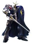  cape fantasy holding holding_sword holding_weapon korean_commentary looking_down mecha no_humans scherazade solo standing sword taedu tenkuu_no_escaflowne visor weapon white_background 