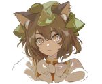  1girl animal_ears bow bowtie brown_eyes brown_hair cat_ears chen ear_piercing eyebrows_visible_through_hair face fang floating_hair hair_between_eyes hat looking_at_viewer mob_cap piercing portrait pout raised_eyebrows short_hair simple_background sketch slit_pupils solo touhou upper_body uxixe white_background white_neckwear 