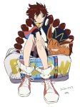  1girl bag bangs baseball_cap brown_hair closed_mouth commentary_request copyright_name eevee eyelashes gen_1_pokemon gotcha! hair_tie hat hayashi_yuuki highres jacket long_hair long_sleeves looking_to_the_side pokemon pokemon_(creature) shoes sitting smile sneakers tied_hair twintails yellow_eyes 