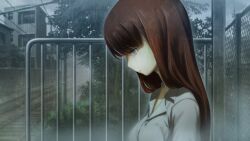  1girl blue_eyes closed_mouth clouds cloudy_sky collarbone collared_shirt game_cg grey_sky highres huke long_hair long_sleeves looking_down non-web_source official_art open_collar railroad_tracks red_hair ringed_eyes sad shiina_kagari shirt sky solo steins;gate steins;gate_0 white_shirt 