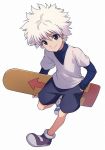  1boy blue_eyes blue_shirt blue_shorts closed_mouth commentary eyebrows_visible_through_hair full_body highres holding holding_skateboard hunter_x_hunter killua_zoldyck long_sleeves male_focus messy_hair purple_footwear purple_shirt sayshownen shirt shoes short_hair shorts simple_background skateboard smile solo spiky_hair standing standing_on_one_leg t-shirt turtleneck white_background white_hair 