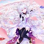  1girl absurdres breasts fate/grand_order fate_(series) flower flower_bed gloves highres holding holding_staff kurogiri long_hair looking_at_viewer merlin_(fate/prototype) open_mouth petals red_eyes staff thigh-highs thighs very_long_hair white_hair white_robe wide_sleeves 