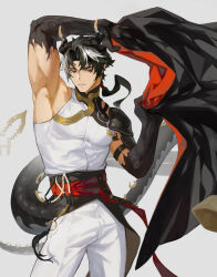  1boy arknights armpits arms_up chongyue_(arknights) coat covered_pectorals cowboy_shot curtained_hair daziran_de_duqiyan dragon_tail highres holding holding_coat holding_unworn_clothes horns large_pectorals looking_at_viewer male_focus muscular muscular_male pants parted_lips pectorals red_eyes solo tail unworn_coat white_background white_hair white_pants 