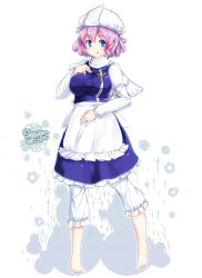  1girl 2018 barefoot blue_background blue_dress blue_eyes breasts closed_mouth commentary_request dated dress furim hand_on_own_chest highres large_breasts letty_whiterock looking_at_viewer puffy_sleeves purple_hair standing toes touhou two-tone_background white_background 