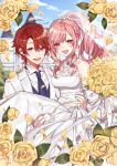  1boy 1girl :d blush breasts brooch carrying dress flower formal hanagata hetero jewelry medium_breasts necktie open_mouth original outdoors pink_hair princess_carry red_eyes redhead smile suit wedding_dress white_dress white_suit yellow_flower 