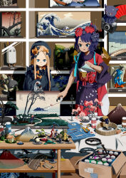  2girls abigail_williams_(fate) abigail_williams_(first_ascension)_(fate) absurdres black_bow black_dress black_hair black_hat black_kimono blue_eyes bow camera commentary crinoids dress fate/grand_order fate_(series) hair_bow hair_ornament hat highres holding holding_camera japanese_clothes katsushika_hokusai_(fate) kimono long_hair medjed_(fate) multiple_girls nihonga nitocris_(fate) nitocris_(swimsuit_assassin)_(fate) nitocris_(swimsuit_assassin)_(first_ascension)_(fate) scenery short_hair tokitarou_(fate) ukiyo-e working yellow_bow 