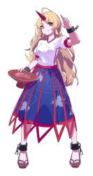  1girl artist_request blonde_hair blue_skirt breasts chain closed_mouth commentary_request cuffs cup full_body highres holding holding_cup horns hoshiguma_yuugi leaf_print long_hair looking_at_viewer maple_leaf_print mixed-language_commentary multicolored_skirt oni pointy_ears print_skirt psd_available puffy_short_sleeves puffy_sleeves red_horns sakazuki sandals second-party_source shackles shirt short_sleeves single_horn skirt smile solo tachi-e touhou transparent_background very_long_hair white_shirt yellow_eyes 