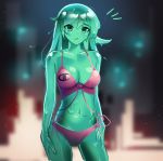  1girl arms_at_sides bikini champion_(company) dayshiart english_commentary green_eyes green_hair green_skin hands_on_own_thighs highres liquid_hair monster_girl navel open_mouth original pink_bikini slime_girl solo standing swimsuit 