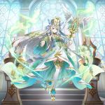  1girl braid elf green_eyes hat high_heels holding long_hair looking_at_viewer noa_(valkyrie_connect) official_art pointy_ears staff stained_glass thigh-highs valkyrie_connect white_hair white_legwear window winged_staff 