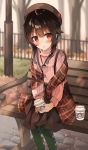  1girl absurdres alternate_costume bench black_hair blush hair_between_eyes hat highres kono_subarashii_sekai_ni_shukufuku_wo! looking_at_viewer megumin open_mouth outdoors plaid plaid_scarf red_eyes scarf short_hair_with_long_locks sitting skirt solo starbucks winter_clothes yuno_(suke_yuno) 