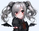  1girl bad_source black_bow black_shirt bow choker detached_wings eyebrows_visible_through_hair feathered_wings frills grey_hair hair_bow highres idolmaster idolmaster_cinderella_girls kanzaki_ranko lace lace-trimmed_bow lace_choker lace_trim mini_wings puffy_short_sleeves puffy_sleeves red_bow red_eyes red_neckwear shirt short_sleeves simple_background smile twintails unxi wings 
