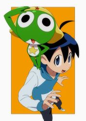  1boy alien black_hair black_pants blue_jacket hinata_fuyuki jacket keroro keroro_gunsou looking_at_viewer pants popo92_z shoes short_hair simple_background standing white_shoes 