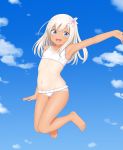  1girl absurdres barefoot bikini blonde_hair blue_eyes blue_sky clouds commentary_request flat_chest flower full_body hair_flower hair_ornament highres huge_filesize jumping kantai_collection long_hair looking_at_viewer one-piece_tan ro-500_(kantai_collection) sc_naru sky smile solo swimsuit tan tanline waving white_bikini 