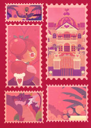  1girl absurdres bandal castle cookie_run double_bun dragon flower gate hair_bun highres holding holding_paddle hollyberry_cookie mansion paddle pink_theme pitaya_dragon_cookie postage_stamp puffy_short_sleeves puffy_sleeves red_eyes red_flower red_hair red_rose rose short_sleeves 