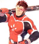  1boy akashi_(live_a_hero) bara baseball_bat bodysuit bulge chest close-up facial_hair gloves gradient_hair hand_on_hip highres live_a_hero male_focus manly multicolored_hair muscle red_bodysuit red_eyes redhead short_hair sideburns smile solo thick_eyebrows thighs tight upper_body zifuuuun 