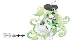 1girl akatsuki_gomoku apple_inc. back_bow bangle beret boots bow bracelet character_name dress elbow_gloves frilled_dress frills gloves green_eyes green_hair hand_on_own_thigh hat highres index_finger_raised jewelry leaning_forward looking_to_the_side macintosh macne_nana macne_series multicolored_bow official_art one_side_up open_mouth smile striped_bow teeth thigh_boots upper_teeth_only white_boots white_dress white_gloves 