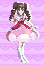  1girl asatsuki_(fgfff) blue_eyes boots bright_pupils brown_hair choker closed_mouth commentary_request double_bun dress drill_hair drop_shadow frown full_body gloves hair_bun hair_ornament hand_up highres knees long_hair pink_dress pokemon pokemon_bw2 pokestar_studios purple_background rosa_(pokemon) solo standing tiara twin_drills twintails white_boots white_gloves white_pupils 
