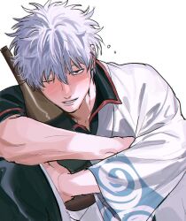  1boy black_pants black_shirt blush bottle commentary_request drunk gintama grey_hair hadanugi_dousa hair_between_eyes highres holding holding_bottle hugging_object japanese_clothes kimono long_sleeves looking_at_viewer male_focus messy_hair one_eye_closed pants parted_lips red_eyes sakata_gintoki shirt short_hair short_sleeves sitting sleepy smile solo squeans white_background white_kimono wide_sleeves wine_bottle ww034518297 