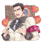  1boy absurdres aizen_(tokyo_houkago_summoners) armband artist_name bara between_pecs black_hair chest cropped_torso facial_mark fire forehead_mark forked_eyebrows highres looking_at_viewer male_focus manami_(fearfac666) muscle necktie open_mouth red_eyes short_hair solo tokyo_houkago_summoners 