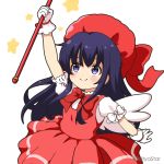  1girl akatsuki_(kantai_collection) arm_up bangs blush bow cardcaptor_sakura closed_mouth commentary_request cosplay dress eyebrows_visible_through_hair gloves hair_between_eyes holding kantai_collection kinomoto_sakura kinomoto_sakura_(cosplay) long_hair miicha pleated_dress puffy_short_sleeves puffy_sleeves purple_hair red_dress red_headwear shirt short_sleeves simple_background sleeveless sleeveless_dress smile solo star_(symbol) twitter_username very_long_hair violet_eyes white_background white_bow white_gloves white_shirt white_wings wings 