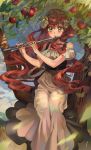  1girl absurdres apple brown_hair dress flute food fruit green_eyes highres in_tree instrument korean_commentary looking_at_viewer music original playing_instrument seveneightdu sitting sitting_in_tree solo tree white_dress 