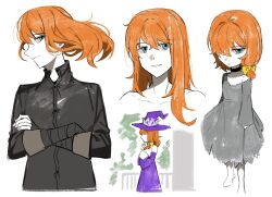  1boy 1girl asdf1211950 black_choker black_souls child choker closed_mouth collarbone dorothy_(black_souls) dress grey_dress hat highres long_hair long_sleeves looking_at_viewer low_ponytail orange_hair parted_lips ponytail purple_dress purple_hat simple_background smile white_background witch_hat 