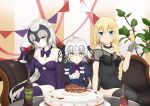  3girls absurdres ahoge anniversary bare_shoulders black_dress black_gloves black_legwear blonde_hair blue_eyes blush bottle bow braid breasts cake champagne_flute collarbone commentary_request couch cup dress drinking_glass elbow_gloves fate/grand_order fate_(series) food gloves headpiece highres jeanne_d&#039;arc_(alter)_(fate) jeanne_d&#039;arc_(fate) jeanne_d&#039;arc_(fate)_(all) jeanne_d&#039;arc_alter_santa_lily long_hair looking_at_viewer medium_breasts multiple_girls pale_skin purple_bow purple_dress purple_gloves purple_legwear purple_ribbon ribbon silver_hair single_braid sitting smile sparkling_eyes table thigh-highs very_long_hair wine_bottle wine_glass yellow_eyes yukipoyogorira 