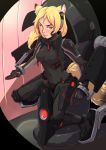  1girl animal_ear_fluff animal_ears bangs black_bodysuit blonde_hair blush bodysuit breasts bunny_and_fox_world cropped_jacket d-rex high_collar highres jacket long_hair looking_at_viewer medium_breasts navel open_clothes open_jacket parted_bangs pilot_suit science_fiction skin_tight slit_pupils solo tail yellow_eyes 