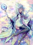  1girl ahoge aile_(crossroads) bangs black_gloves black_pants breasts fate/grand_order fate/prototype fate_(series) fingerless_gloves gloves holding holding_staff long_hair long_sleeves looking_at_viewer medium_breasts merlin_(fate/prototype) pants smile staff thighs very_long_hair violet_eyes white_hair white_robe wide_sleeves 