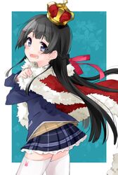  1girl :d birthday black_hair blue_eyes blue_jacket blue_skirt blush box braid c cake capelet crown eyebrows_visible_through_hair food french_braid fruit fur-trimmed_capelet fur_trim hair_ornament hairclip highres jacket long_hair looking_at_viewer mini_crown myama nijisanji open_mouth open_mouthplaid plaid plaid_skirt red_capelet school_uniform skirt smile solo strawberry thigh-highs tsukino_mito vest violet_eyes white_legwear zettai_ryouiki 