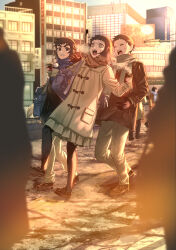  1girl 2boys absurdres bag black_eyes black_gloves black_hair black_shoes blue_gloves blue_scarf breath charm_(object) city closed_eyes coat commentary_request contemporary cup disposable_coffee_cup disposable_cup gami_(gami37260414) gloves highres holding holding_cup kaigaku kimetsu_gakuen kimetsu_no_yaiba multiple_boys multiple_others open_mouth scarf school_bag shoes skirt slipping susamaru_(kimetsu_no_yaiba) volleyball_charm yahaba_(kimetsu_no_yaiba) yellow_eyes 