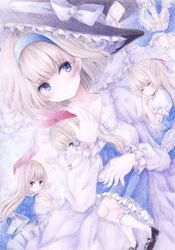  5girls alice_margatroid blonde_hair blue_dress blue_eyes blush bob_cut bow breasts colored_pencil_(medium) darkkanan doll doll_joints dress graphite_(medium) hair_bow hairband hat highres hug joints large_breasts long_hair multiple_girls nightgown object_hug pinafore_dress shanghai_doll shoes short_hair sidelocks thigh-highs touhou traditional_media watercolor_(medium) white_hair white_legwear witch_hat 