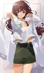  1girl :3 absurdres ahoge bangs belt blue_eyes brown_hair collarbone cowboy_shot crop_top earrings highres ichinose_shiki idolmaster idolmaster_cinderella_girls jewelry labcoat long_hair looking_at_viewer midriff n-bata off-shoulder_shirt off_shoulder shirt skirt solo standing wavy_hair white_shirt 