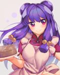  1girl apron bangs blush breasts chinese_clothes double_bun hair_ornament hand_on_hip holding holding_plate large_breasts long_hair looking_at_viewer plate purple_hair ranma_1/2 rotix shampoo_(ranma_1/2) smile solo violet_eyes 
