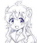  1girl ahoge curled_horns demon_girl demon_horns eyebrows_visible_through_hair gobera horns long_hair machikado_mazoku monochrome open_mouth simple_background solo yoshida_yuuko_(machikado_mazoku) 