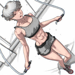  bowl_cut collarbone grey_hair grey_sports_bra highres jump_rope muscular muscular_female original red_eyes rggr sports_bra 