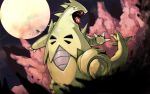  blurry canyon claws commentary_request dust fangs gen_2_pokemon light_trail looking_to_the_side moon night no_humans open_mouth outdoors pokemon shiny sky standing tongue tyranitar zenzo 