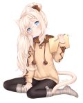  1girl :o animal_ear_fluff animal_ears artist_name bangs black_legwear blue_eyes blush bow brown_bow brown_hoodie cat_ears cat_girl cat_tail commentary_request drawstring eyebrows_visible_through_hair full_body glasses grey_legwear hair_between_eyes hair_bow hand_up head_tilt highres holding holding_pencil hood hood_down hoodie long_hair long_sleeves looking_at_viewer nami_(nyaa) no_shoes original pantyhose parted_lips pencil ponytail puffy_long_sleeves puffy_sleeves sidelocks signature simple_background sitting sleeves_past_wrists socks solo tablet_pc tail very_long_hair white_background white_hair yokozuwari 