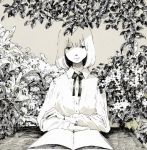  1girl bangs blunt_bangs book commentary_request expressionless garden greyscale highres kumamiso_0514 looking_at_viewer medium_hair monochrome open_book original outdoors shaded_face shirt sitting solo upper_body white_hair 