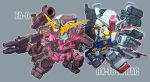  armor character_name chibi full_armor full_armor_unicorn_gundam glowing glowing_eyes green_eyes grey_background gun gundam gundam_unicorn holding holding_gun holding_weapon mecha mobile_suit_gundam no_humans rx-78-2 shield shoulder_cannon susagane unicorn_gundam v-fin weapon yellow_eyes 